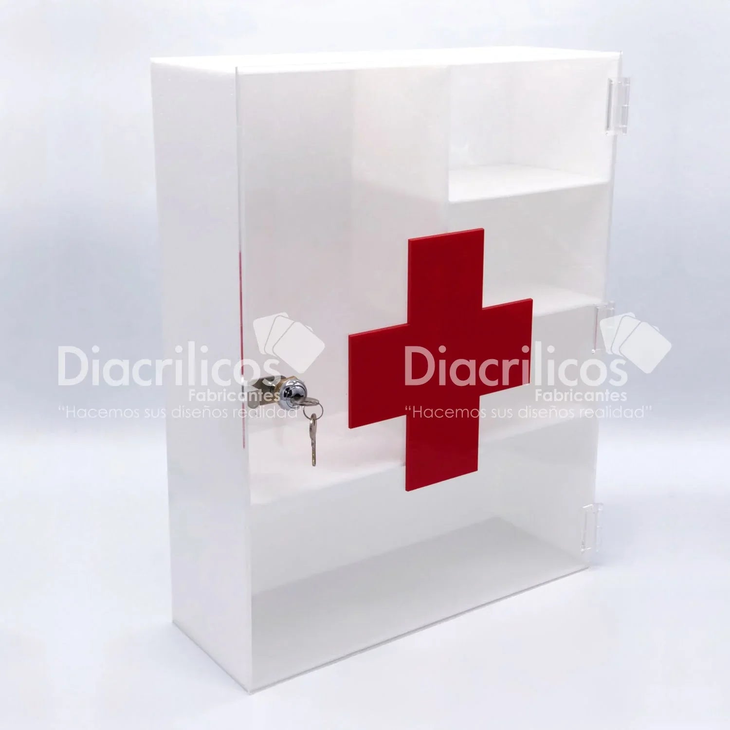 Caja de primeros auxilios de acrílico transparente con cruz roja y cerradura