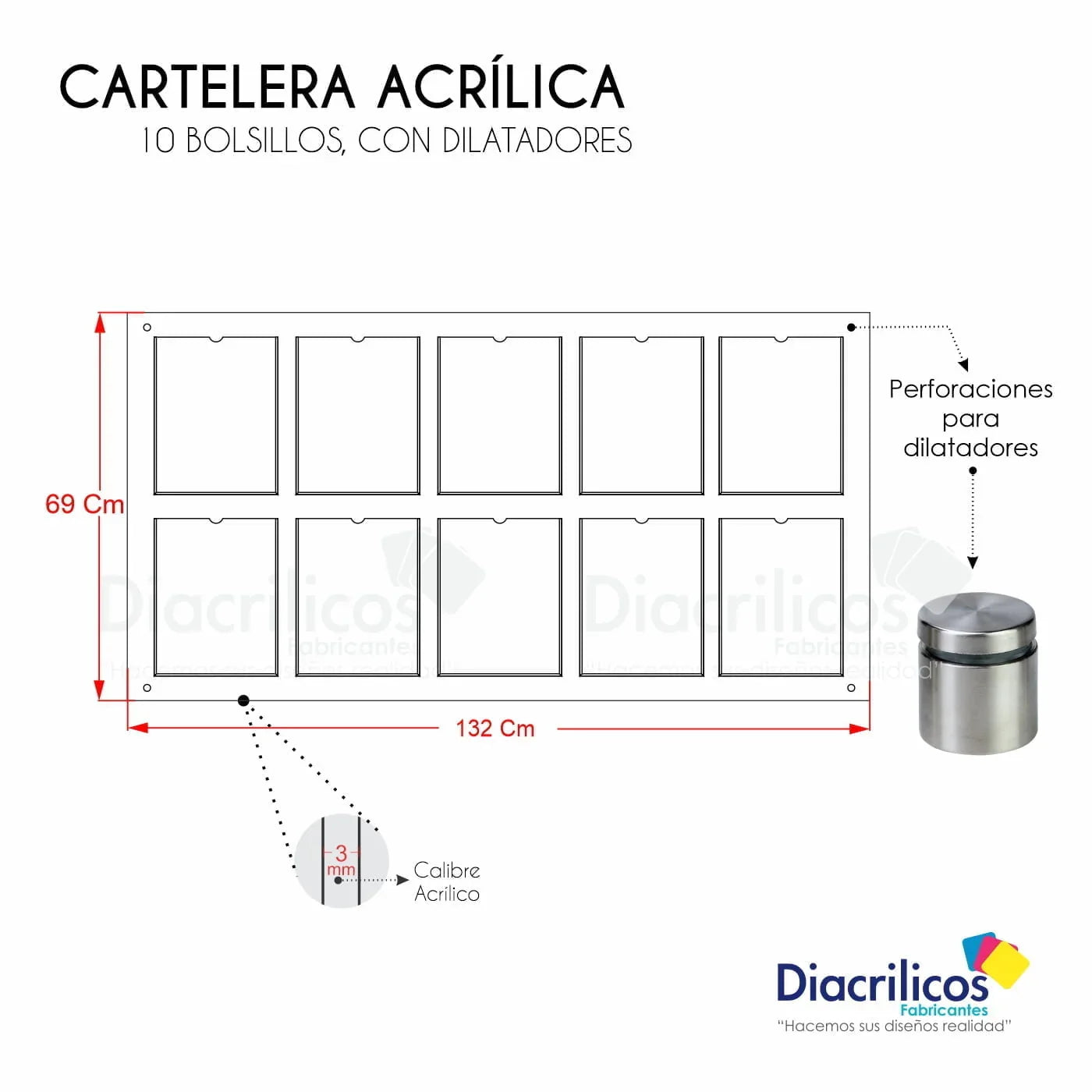 Cartelera acrílica con 10 bolsillos y dilatadores, medidas 132x69 cm, calibre 3 mm para exhibición de documentos en oficinas o comercios.