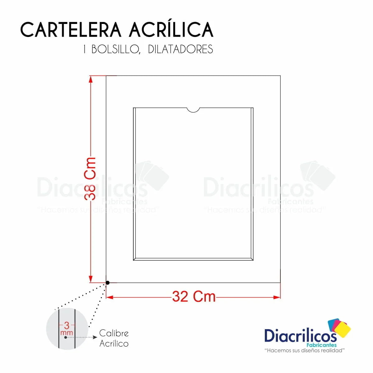Cartelera acrílica 38x32 cm con bolsillo y dilatadores, calibre 3 mm, ideal para avisos y señalización en Colombia. Fabricación personalizada de piezas de acrílico de alta calidad. ¡Envíos seguros a toda Colombia! | Diacrílicos
