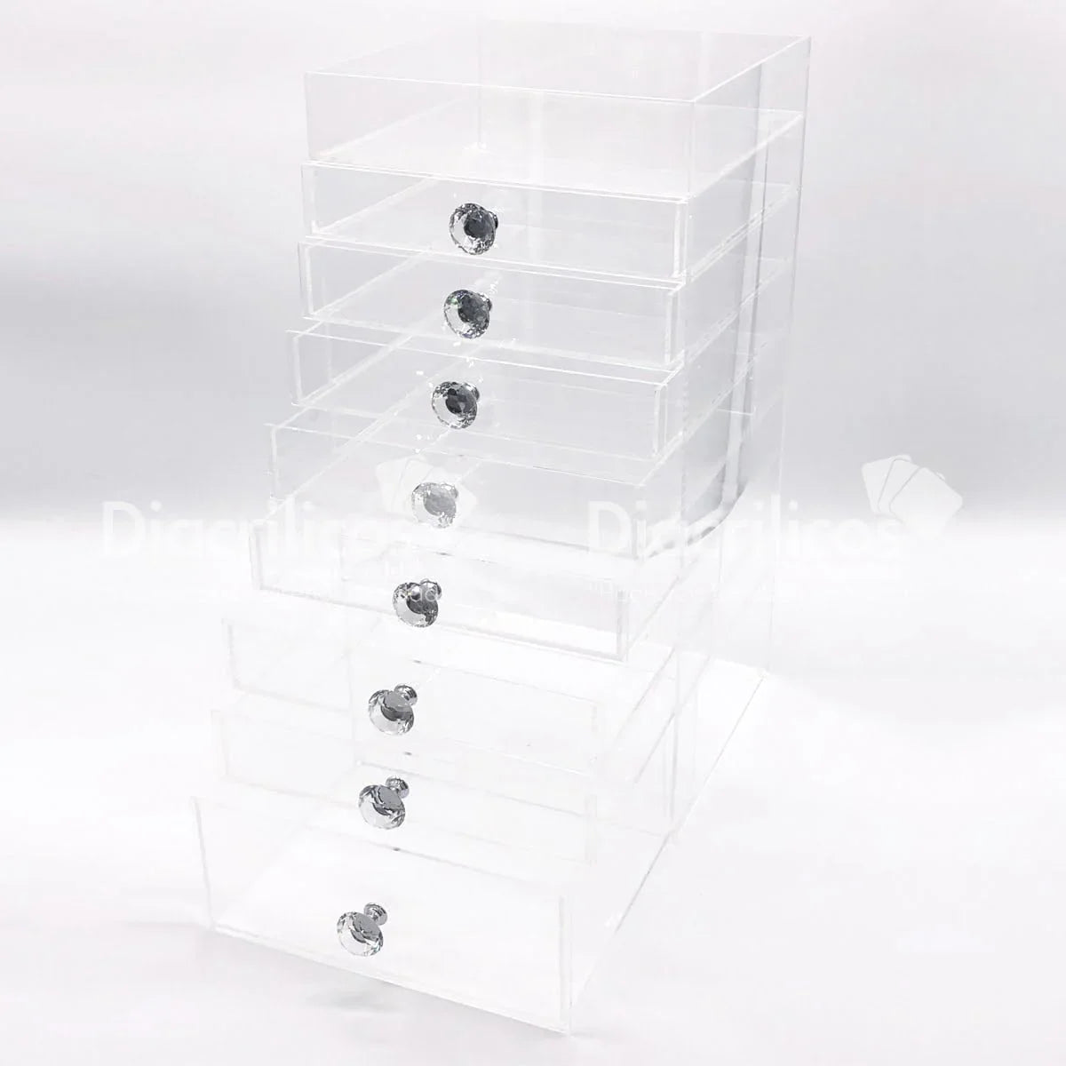Cajonera de acrílico transparente con 8 cajones y tiradores de cristal para organización de maquillaje o joyería en Colombia