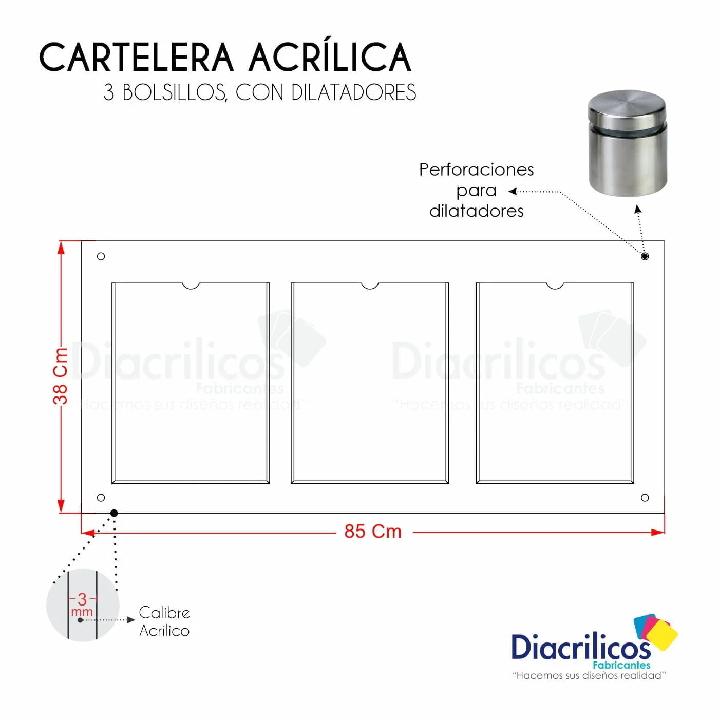 Cartelera acrílica con 3 bolsillos y dilatadores, 85 cm x 38 cm, calibre 3 mm, ideal para exhibición y organización