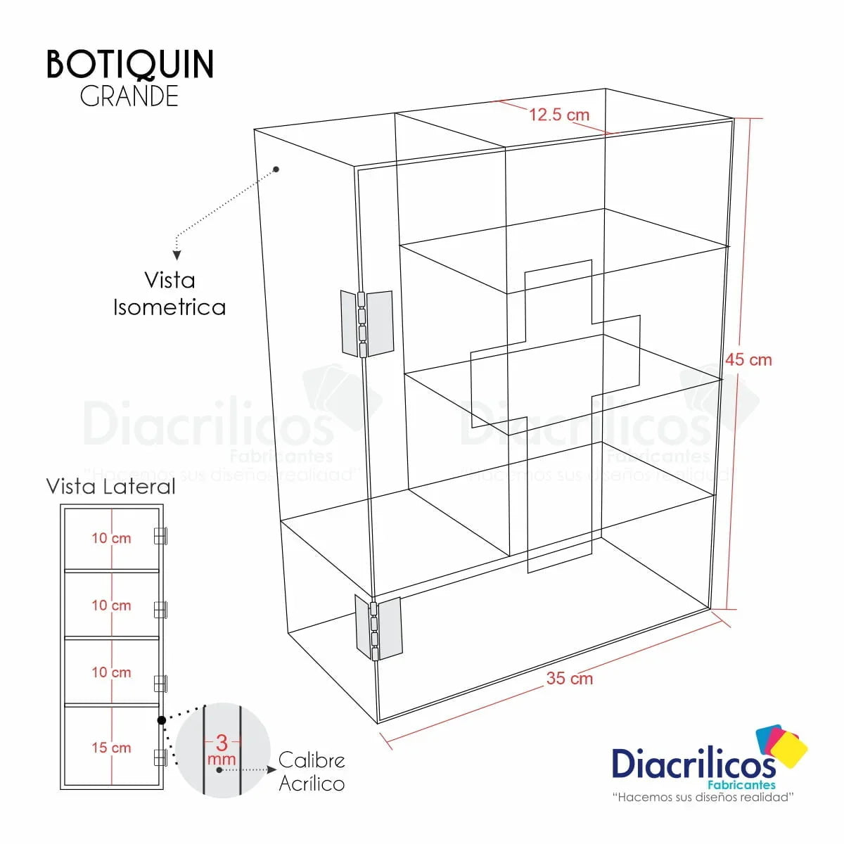 Botiquín grande de acrílico transparente con dimensiones y calibre 3 mm, ideal para almacenamiento organizado y seguro.