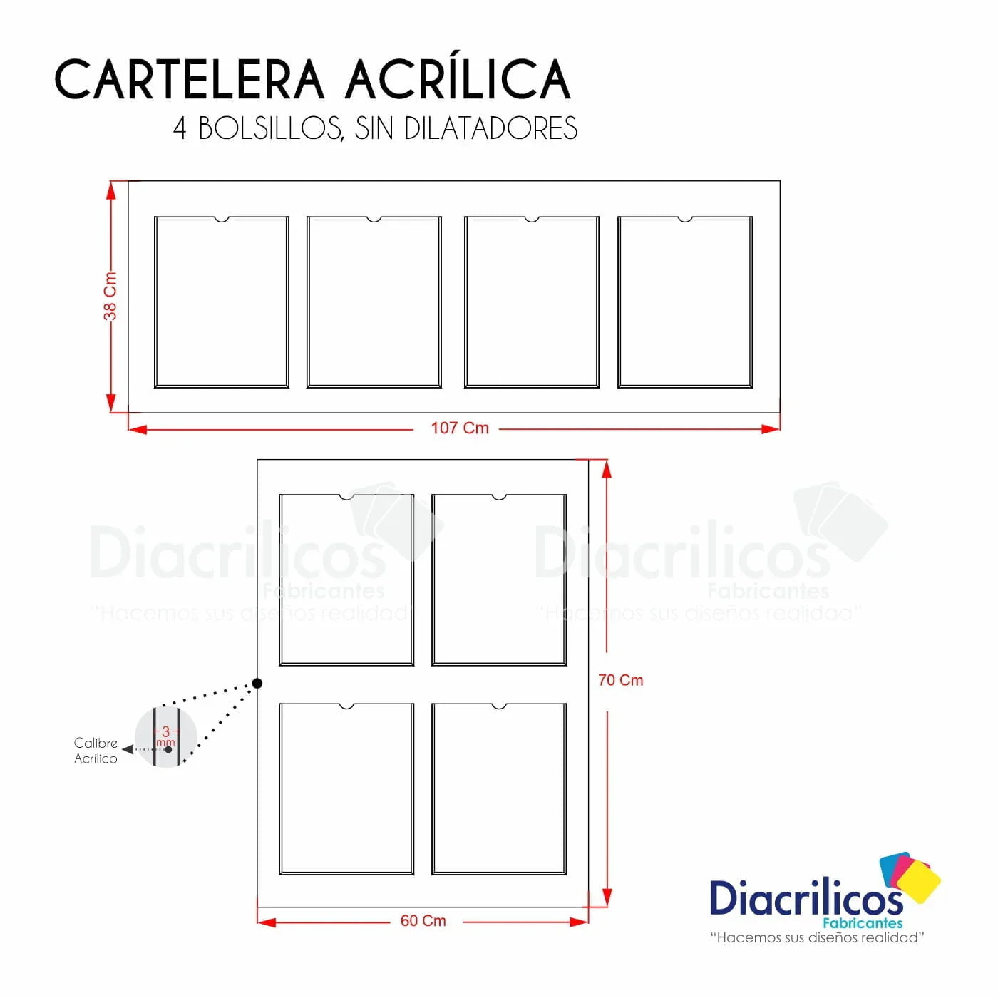 Cartelera acrílica de 3mm con 4 bolsillos, sin dilatadores, medidas 107x38 cm y 60x70 cm para exhibición de documentos o avisos en oficinas o comercios.