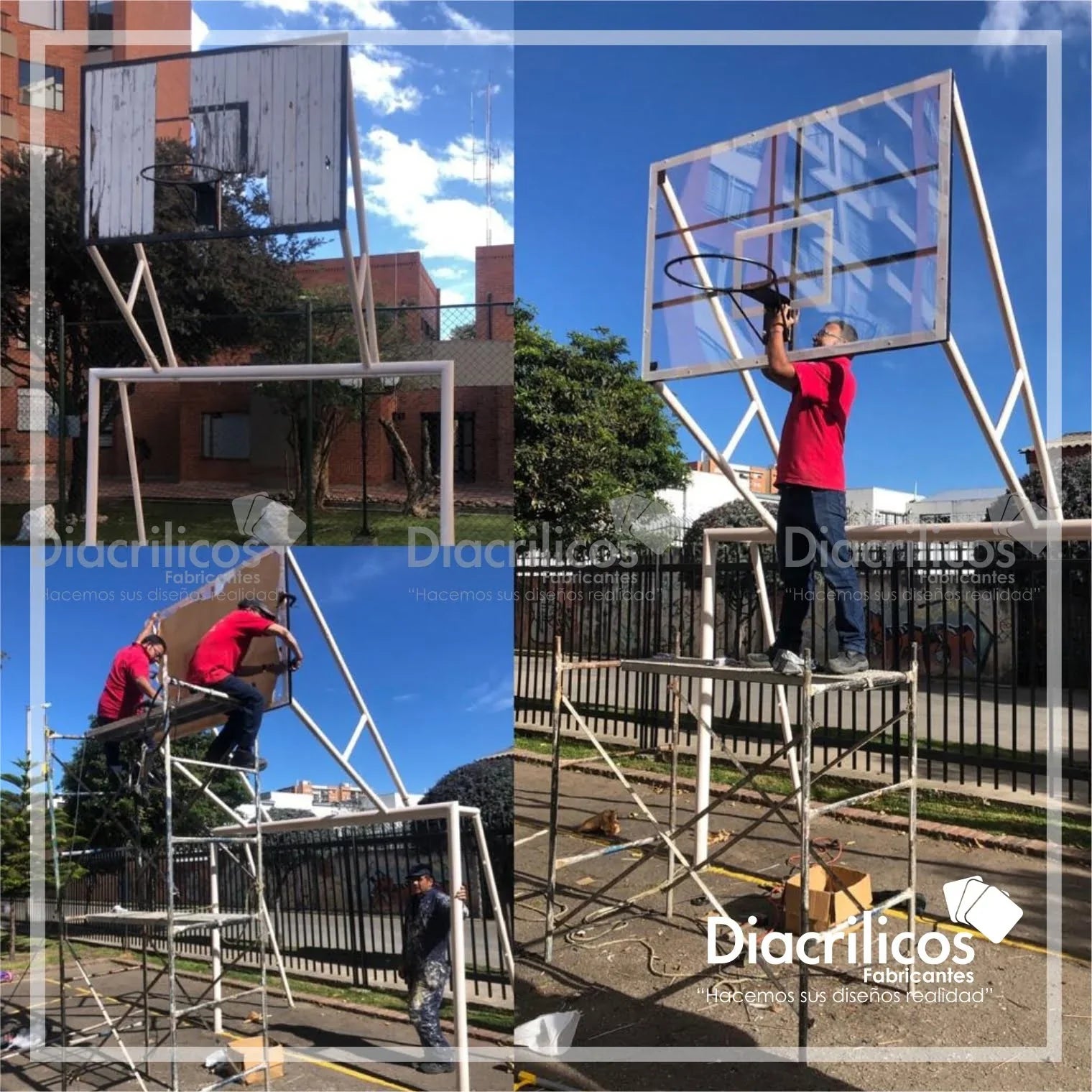 Tablero de baloncesto de acrílico transparente instalación profesional en Colombia, resistente y personalizado para canchas deportivas al aire libre.