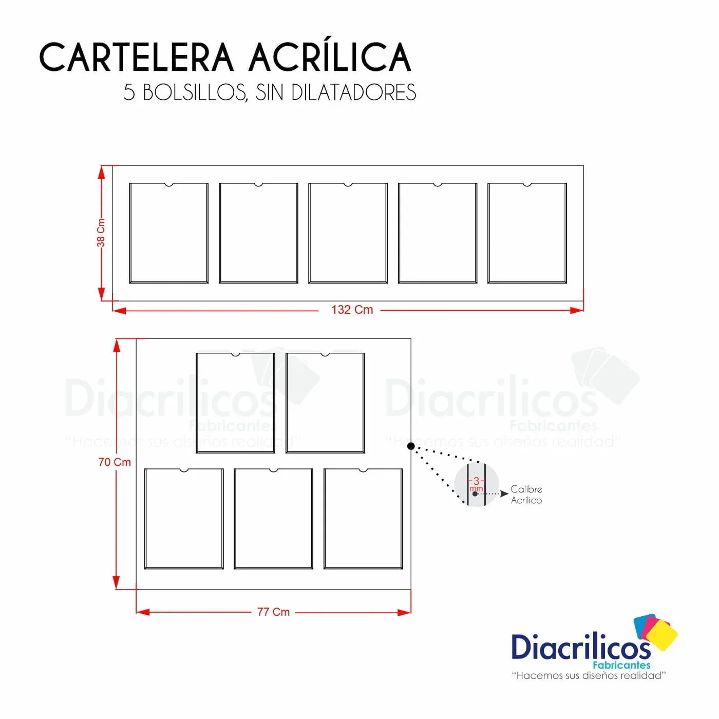 Cartelera acrílica con 5 bolsillos, sin dilatadores, medidas 132x38 cm y 77x70 cm, calibre 3 mm. Ideal para exhibición de documentos o avisos en oficinas o comercios. Fabricación personalizada en acrílico transparente de alta calidad. Envíos a toda Colombia. ¡Solicita tu cotización hoy mismo!