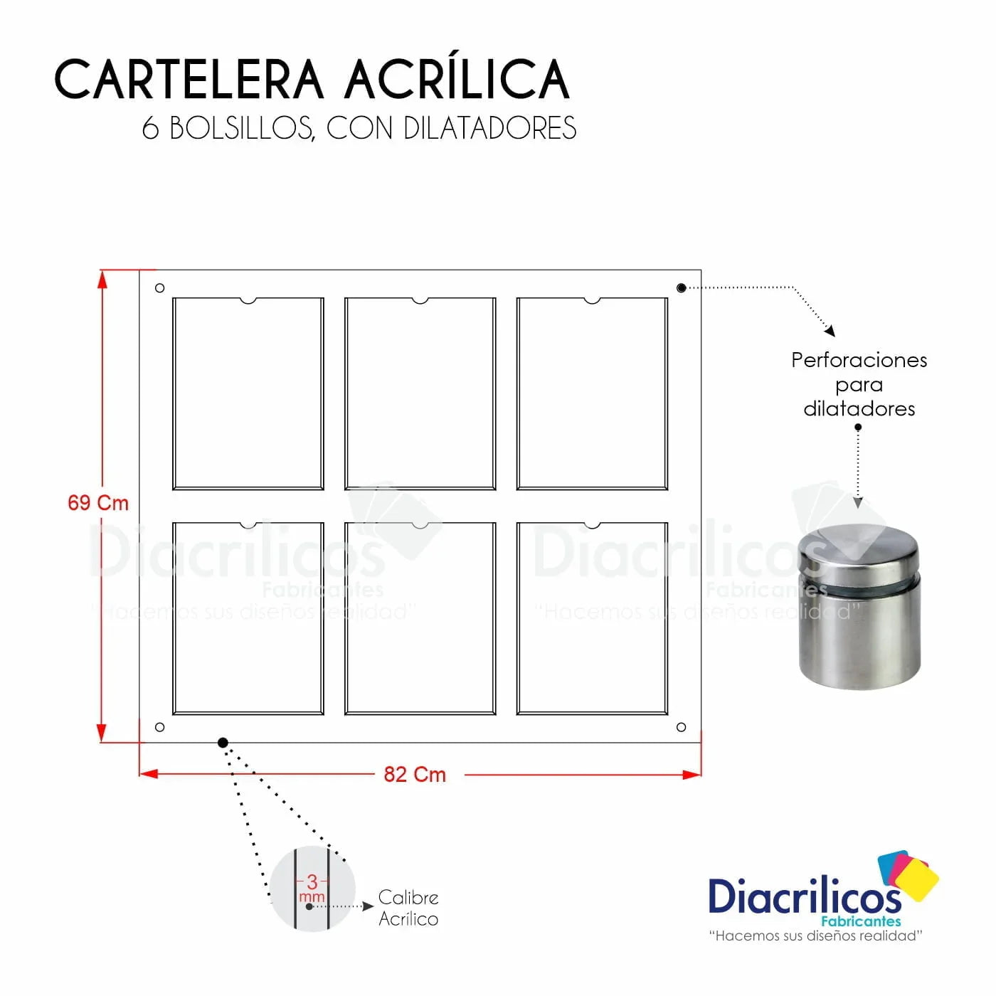 Cartelera acrílica con 6 bolsillos y dilatadores, 69x82 cm, calibre 3 mm, ideal para exhibición de documentos