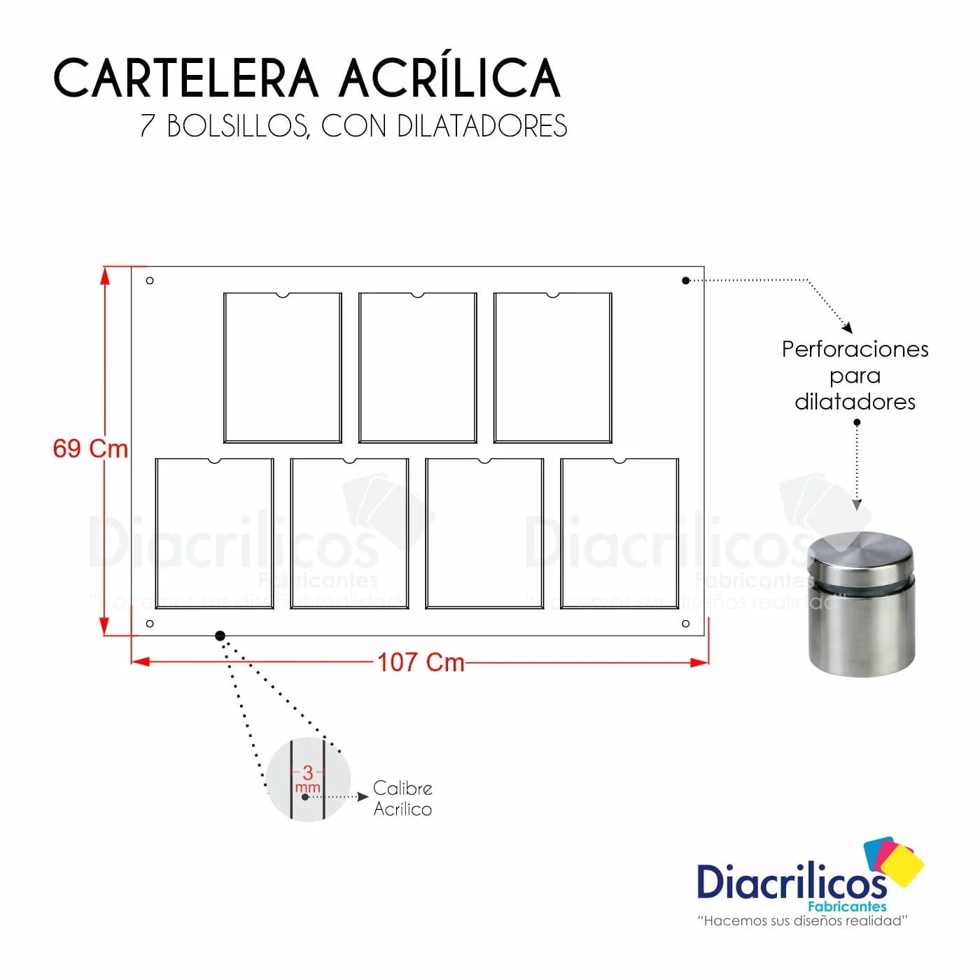 Cartelera acrílica con 7 bolsillos y dilatadores, ideal para exhibición de documentos en oficinas o negocios.