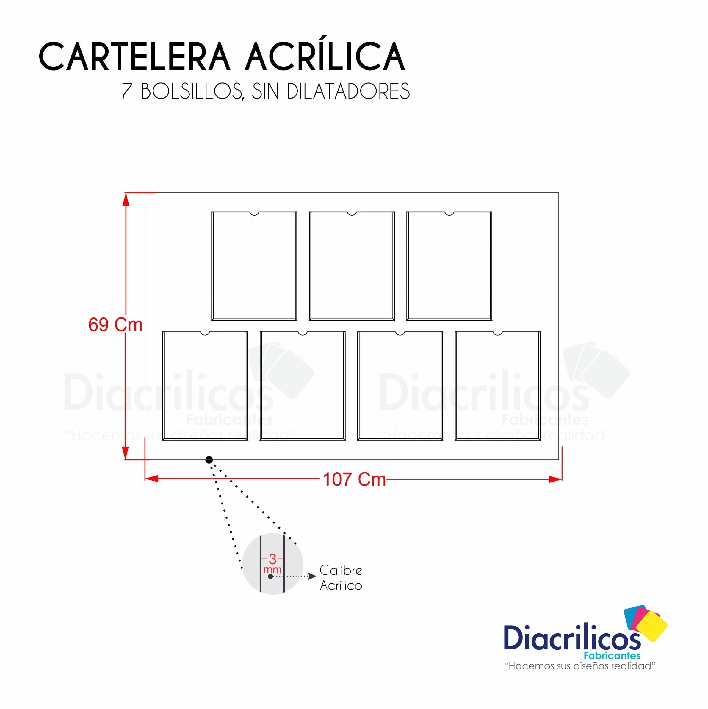 Cartelera acrílica con 7 bolsillos, sin dilatadores, 69x107 cm, calibre 3 mm para exhibición de documentos en oficina o comercio en Colombia.