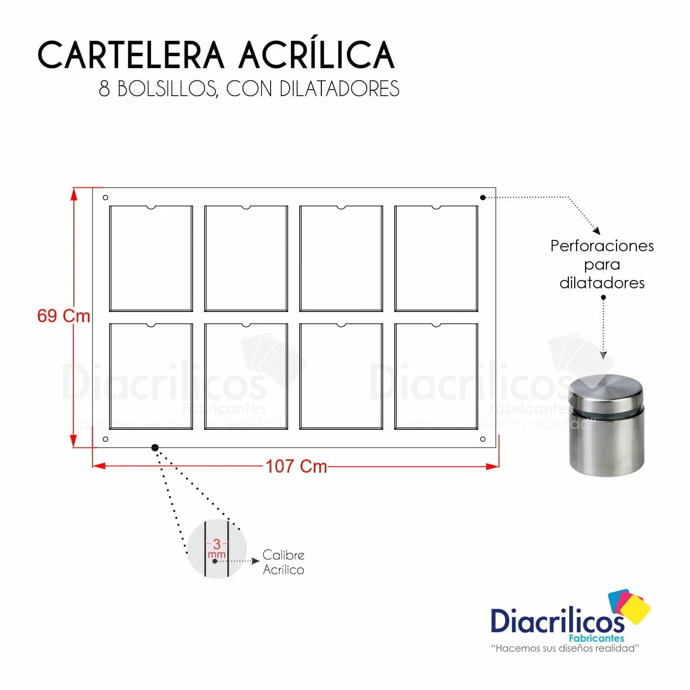 Cartelera acrílica con 8 bolsillos y dilatadores, 107x69 cm, calibre 3 mm, ideal para exhibición de documentos o avisos en oficinas y negocios.