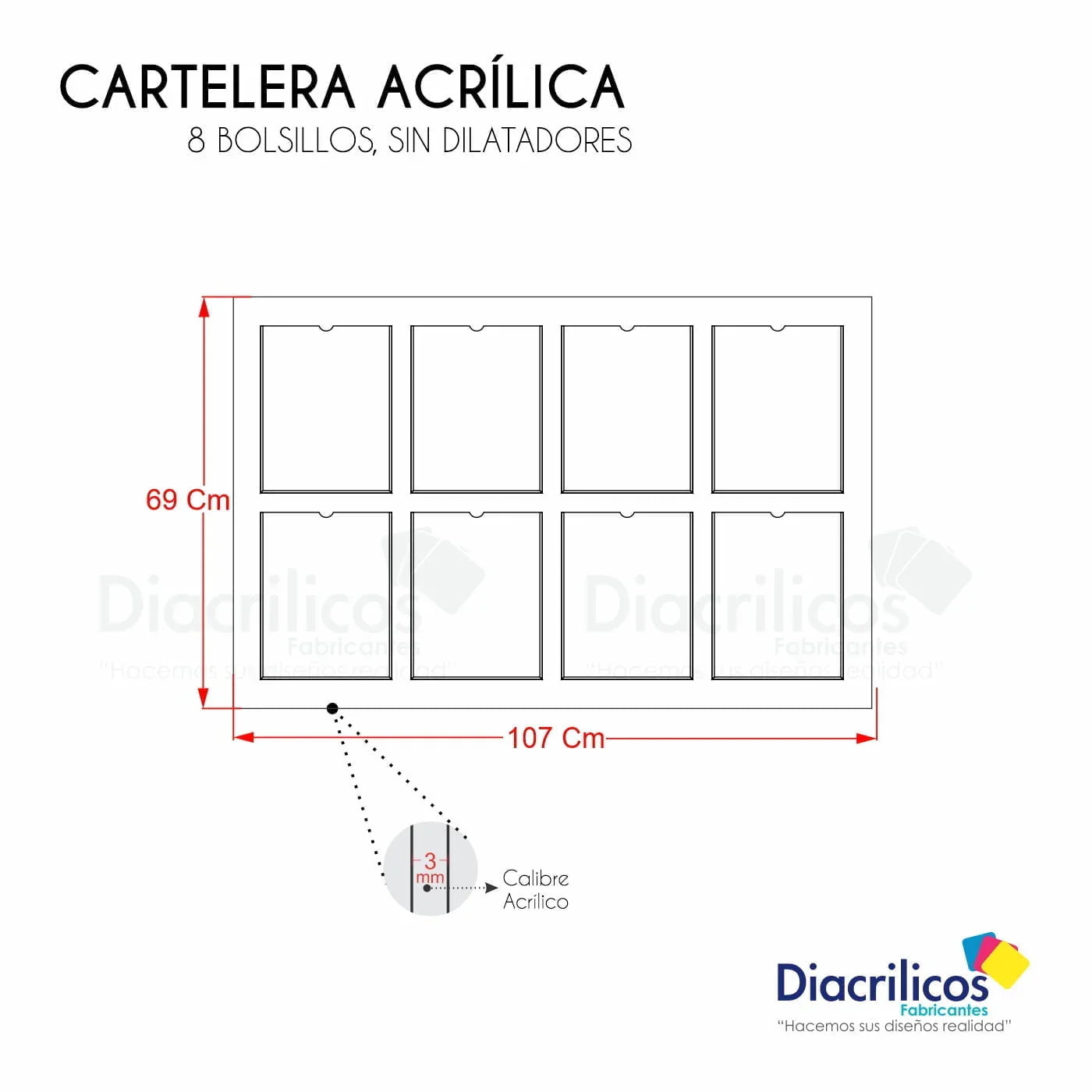 Cartelera acrílica de 8 bolsillos sin dilatadores, 107x69 cm, calibre 3 mm para exhibición de documentos o avisos en oficinas o comercios.
