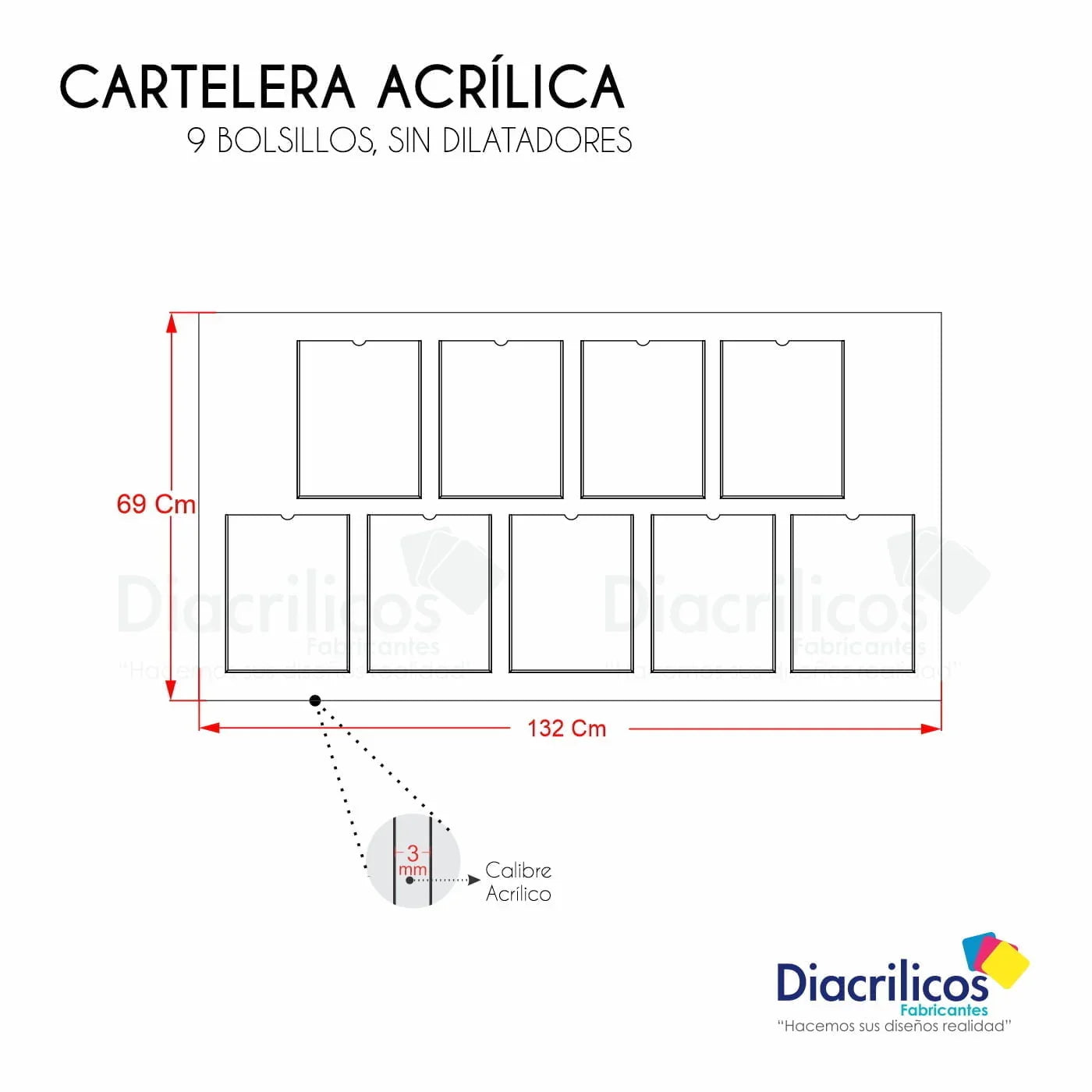 Cartelera acrílica con 9 bolsillos sin dilatadores, 132x69 cm, calibre 3 mm, ideal para exhibición de documentos o menús en oficinas y restaurantes.