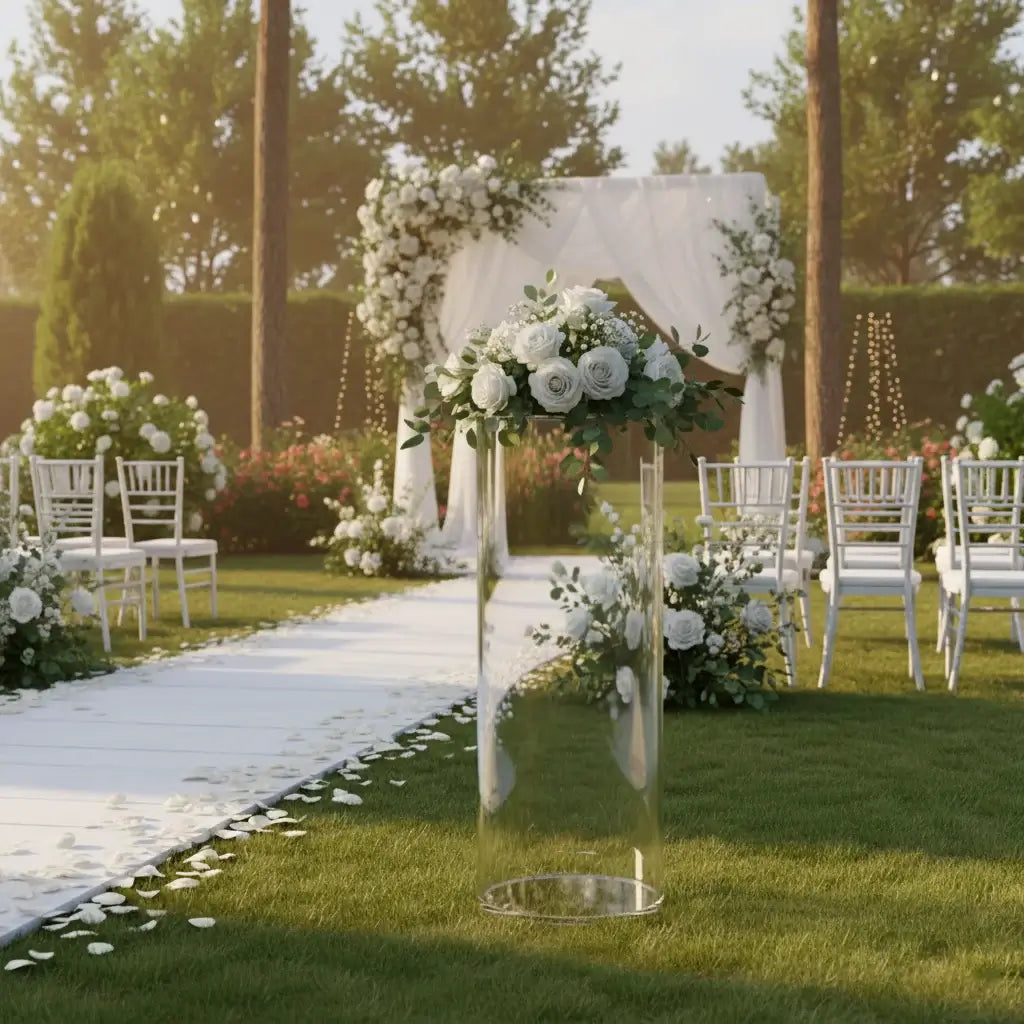 Cilindros en acrílico decorados con flores en una ceremonia de boda al aire libre.