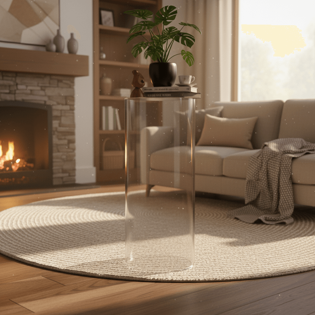 Cilindros en acrílico en una sala acogedora, ideales para exhibición y decoración elegante.