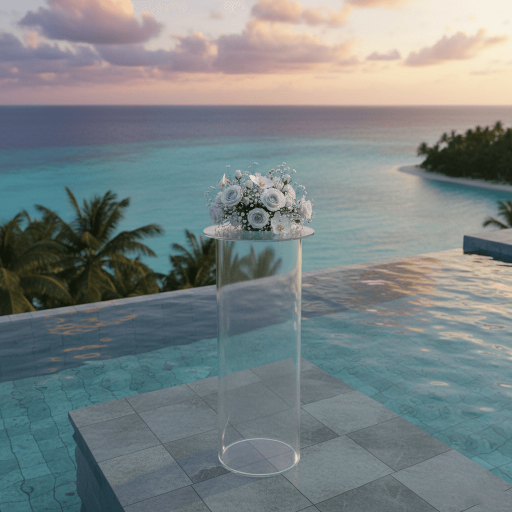 Cilindros en acrílico con flores para exhibición en entorno tropical junto a piscina.