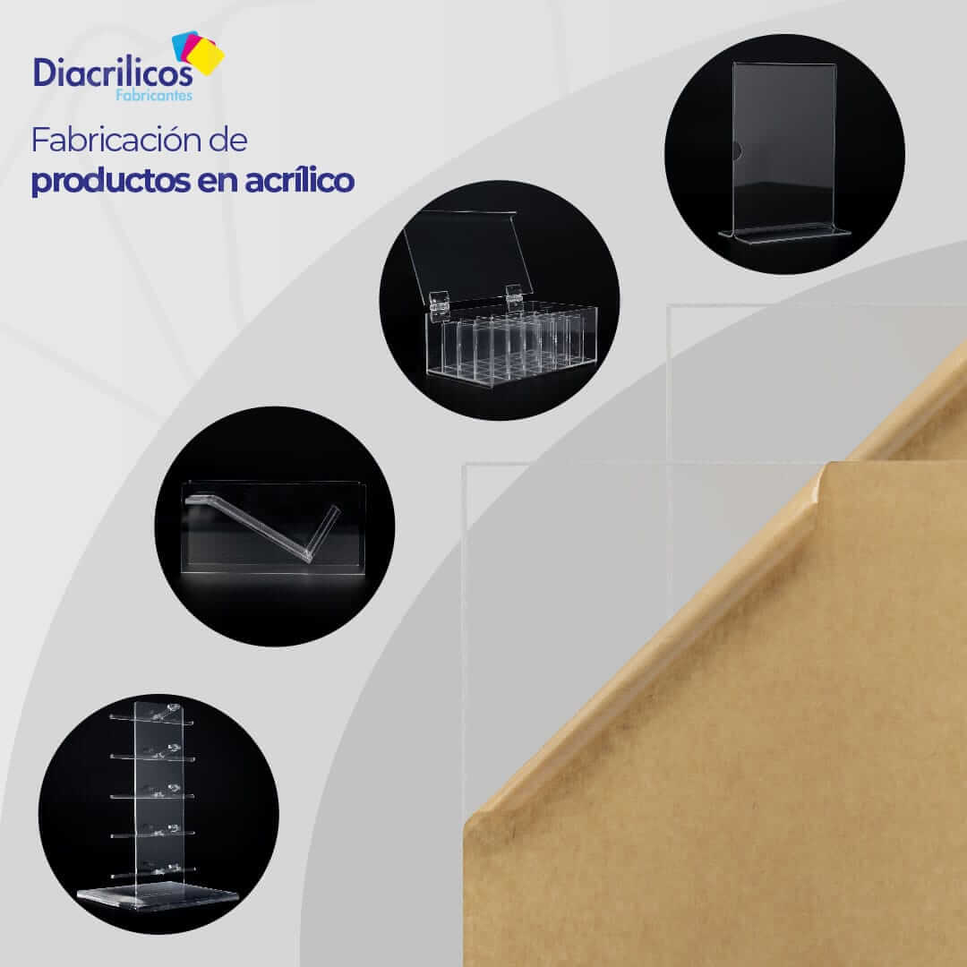 Láminas de acrílico transparente con especificaciones del producto.