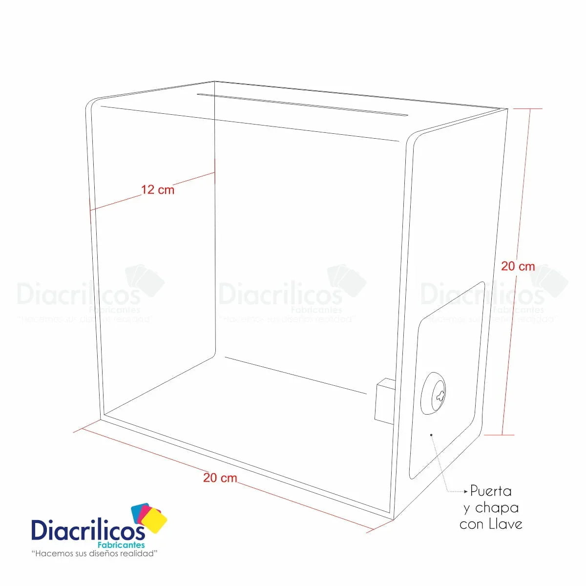 Caja de acrílico transparente con puerta y chapa con llave, medidas 20x20x12 cm, ideal para exhibición o seguridad de objetos pequeños en Colombia.