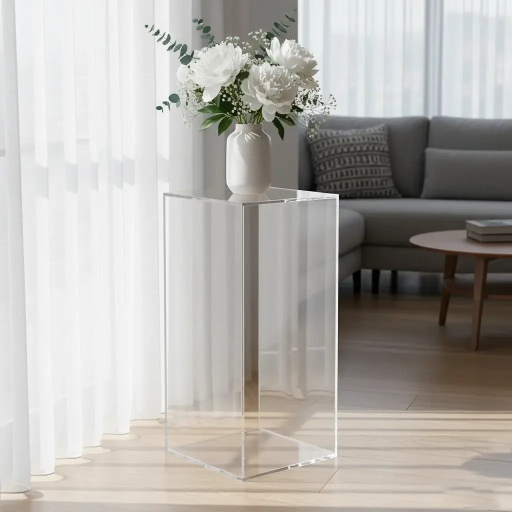 Pedestales en acrílico modernos con flores decorativas en una sala de estar luminosa.
