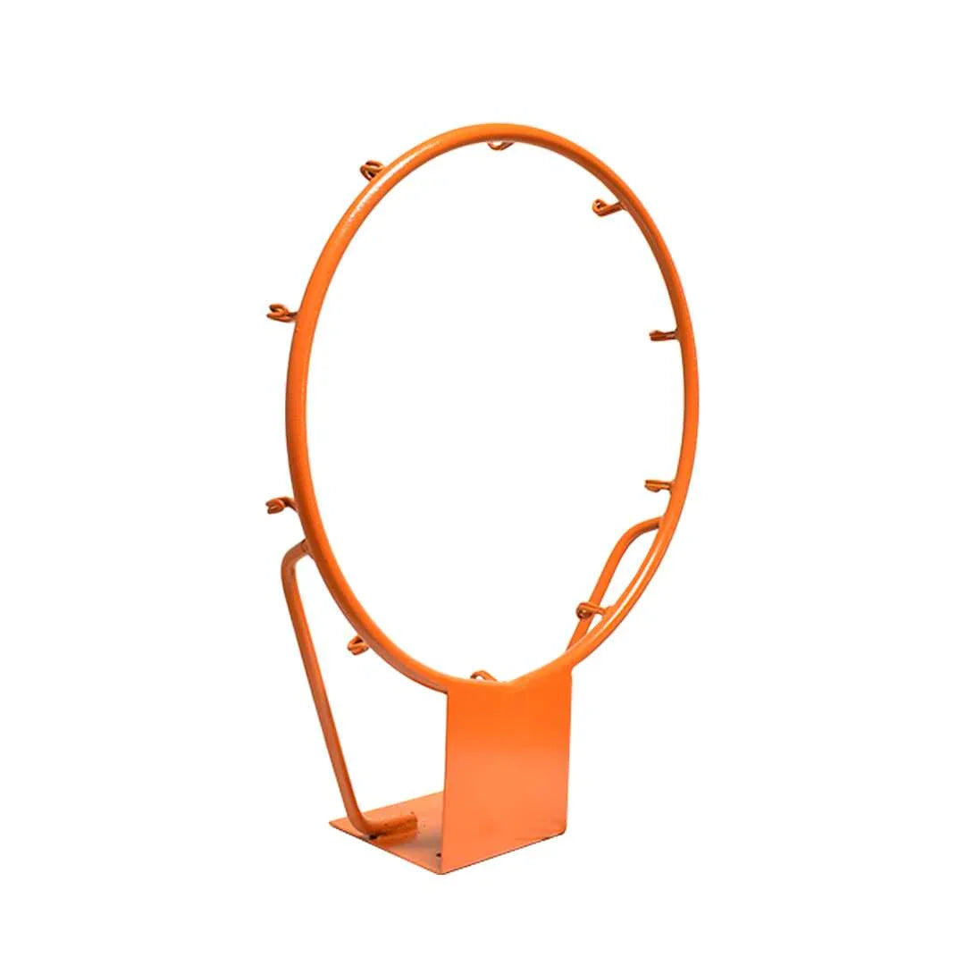 aro de baloncesto naranja con base metálica para instalación en pared o suelo, ideal para canchas deportivas y entrenamiento