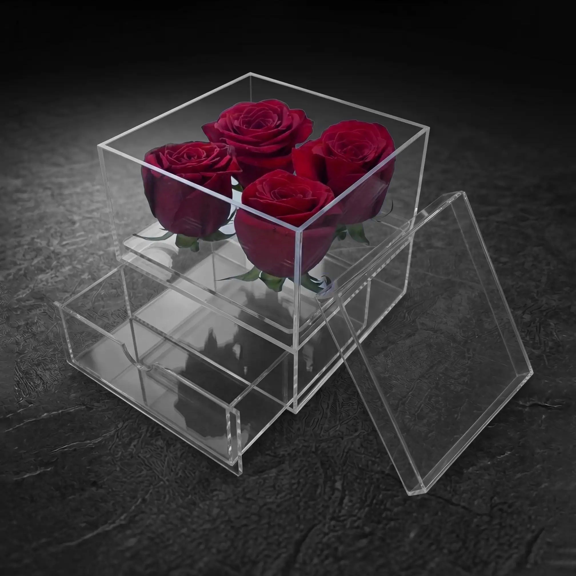 Caja de acrílico para 4 rosas