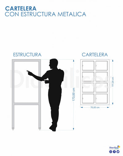 Cartelera en acrílico con bolsillos y estructura metálica 