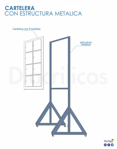 Cartelera en acrílico con bolsillos y estructura metálica 