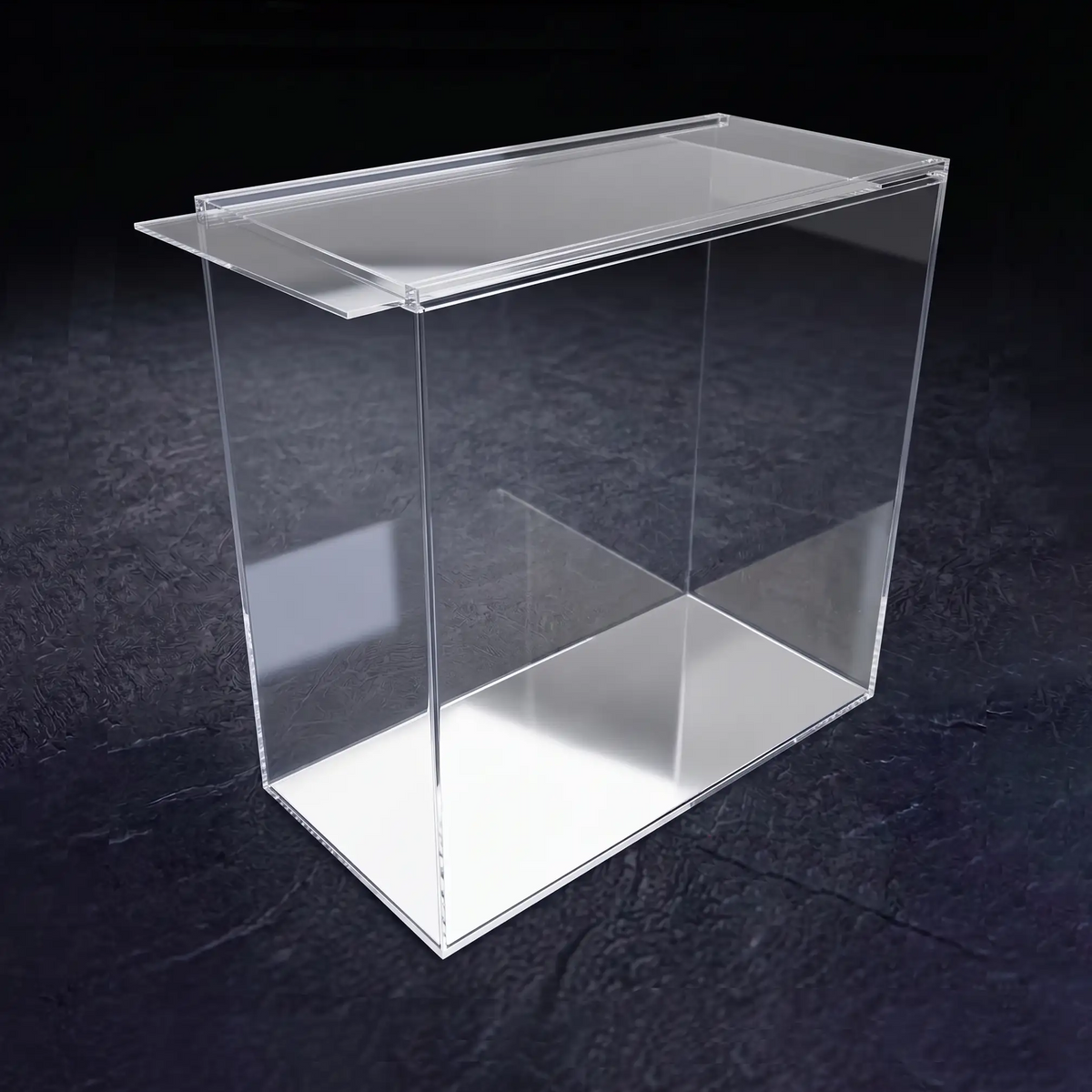 Tapa maquetas con piso espejo y puerta corrediza
